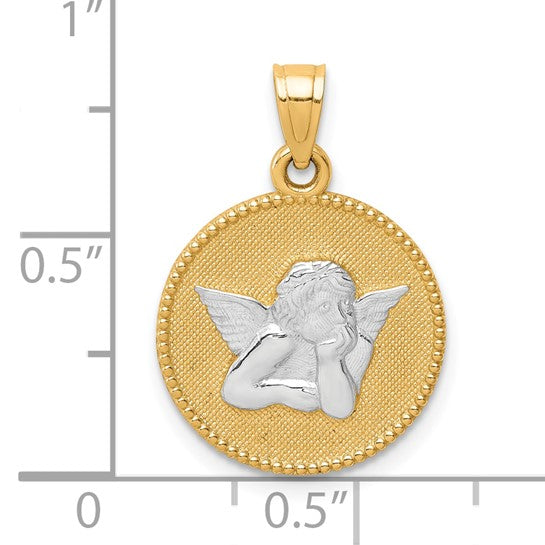 10kt Yellow Gold W/Rhodium Polished and Textured Angel Pendant