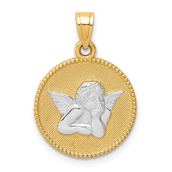 10kt Yellow Gold W/Rhodium Polished and Textured Angel Pendant