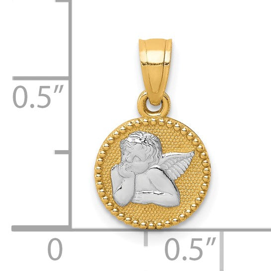 10KT Yellow Gold W/Rhodium Polished and Textured Angel Pendant