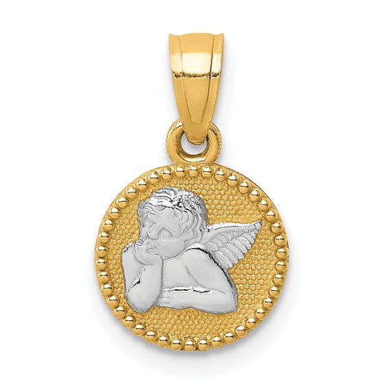 10KT Yellow Gold W/Rhodium Polished and Textured Angel Pendant
