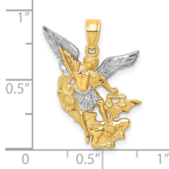 10KT Yellow Gold D/C w/Rhodium Saint Michael Pendant