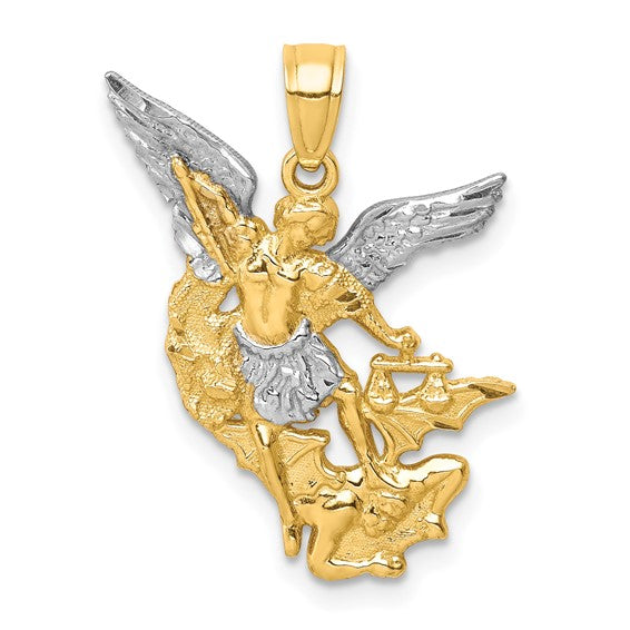 10KT Yellow Gold D/C w/Rhodium Saint Michael Pendant