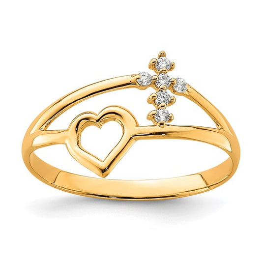 10kt Yellow Gold Heart And Cross CZ Ring