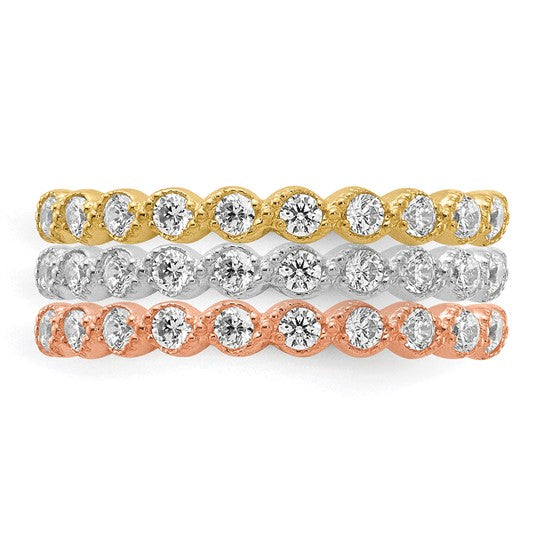 10kt Tri-color Set of Three Stackable CZ Rings