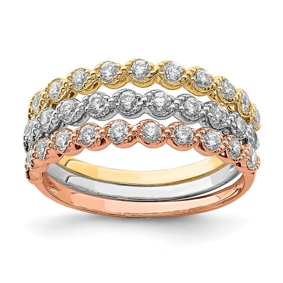 10kt Tri-color Set of Three Stackable CZ Rings