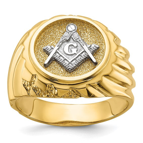 10kt Two-tone Men's Polished and Textured Masonic Ring