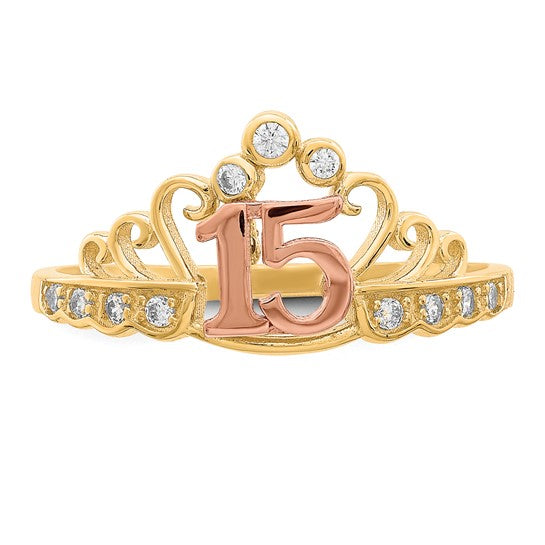 10KT Two-Tone CZ 15 Crown Ring