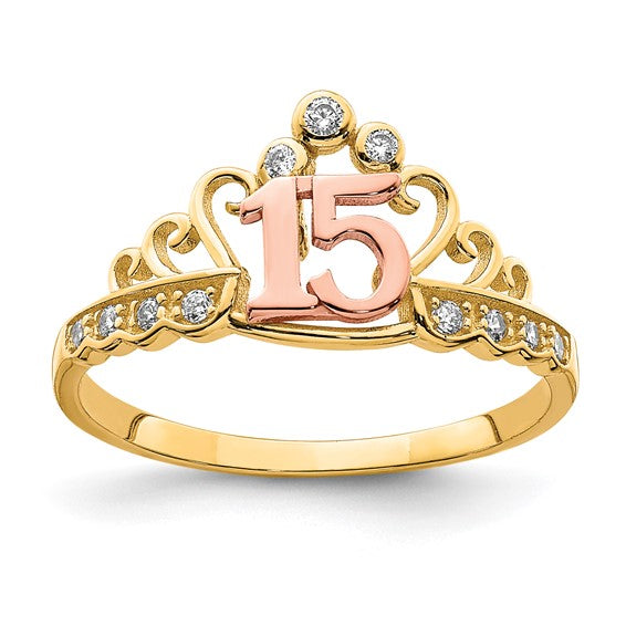 10KT Two-Tone CZ 15 Crown Ring