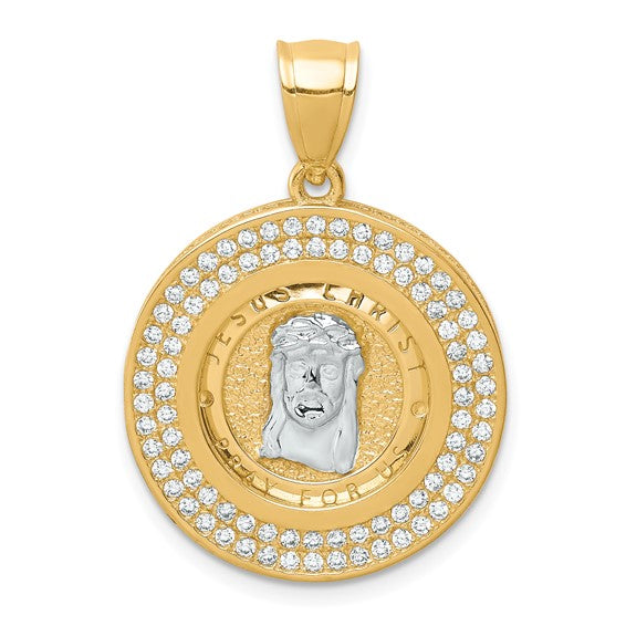 10kt Yellow Gold W/Rhodium CZ Channel Edge Pave Jesus Face Pendant