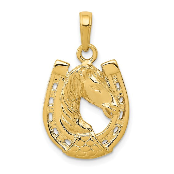 10kt Yellow Gold Solid Polished Horse Head in Horseshoe Pendant