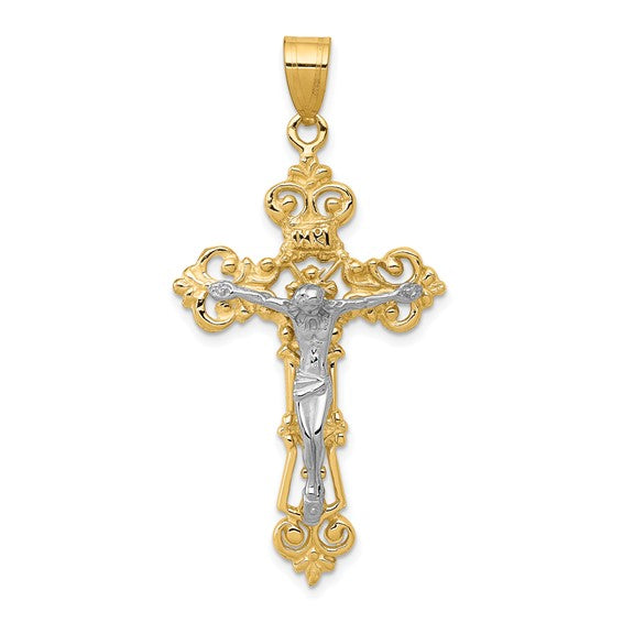 10kt Two-tone INRI Fleur De Lis Crucifix Pendant