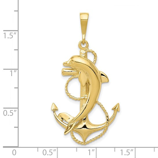 10kt Yellow Gold Solid Polished Anchor with Dolphin Pendant