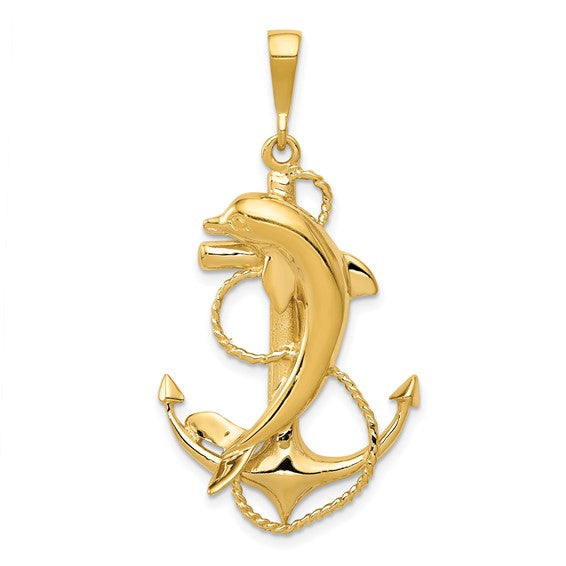 10kt Yellow Gold Solid Polished Anchor with Dolphin Pendant