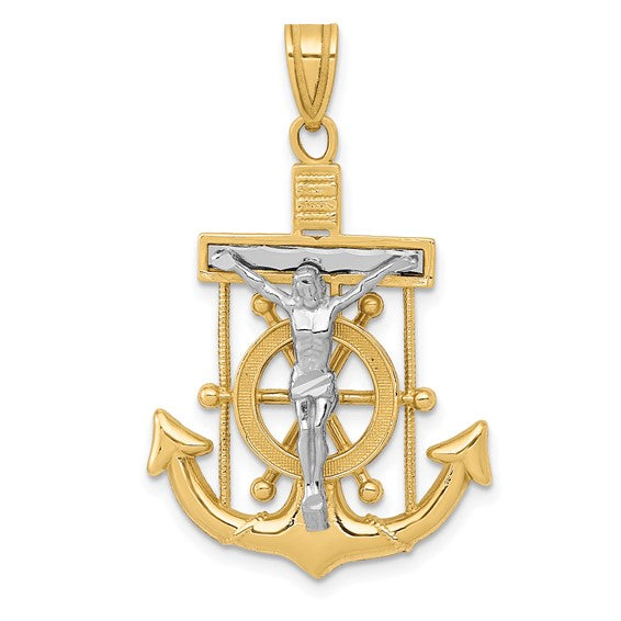 10kt Two-tone Diamond-cut Mariner's Cross Pendant