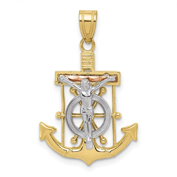 10kt Tri-color Diamond-cut w/Textured Mariner's Cross Pendant