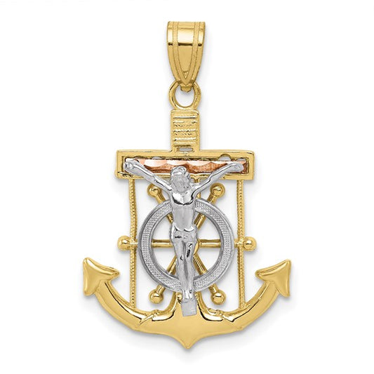 10kt Tri-color Diamond-cut w/Textured Mariner's Cross Pendant