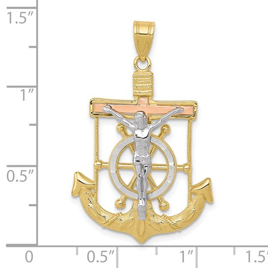 10kt Tri-color Diamond-cut w/Textured Mariner's Cross Pendant