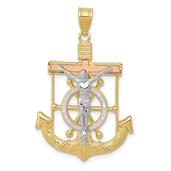 10kt Tri-color Diamond-cut w/Textured Mariner's Cross Pendant