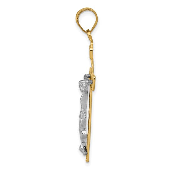 10KT Two-tone D/C Large Block Lattice Cross w/Crucifix Pendant