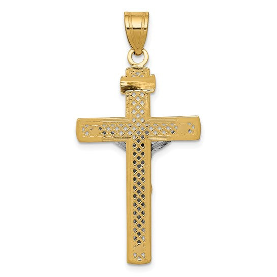 10KT Two-tone D/C Large Block Lattice Cross w/Crucifix Pendant