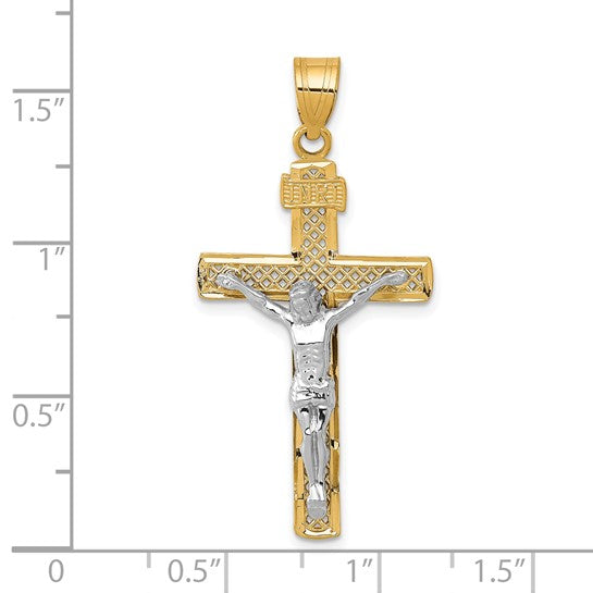 10KT Two-tone D/C Large Block Lattice Cross w/Crucifix Pendant