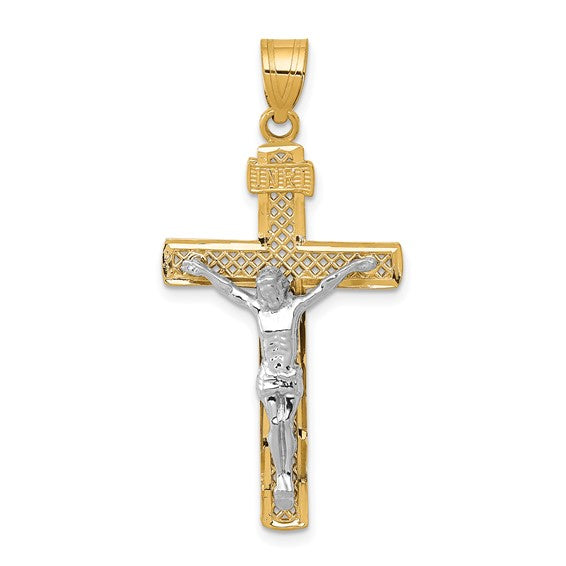 10KT Two-tone D/C Large Block Lattice Cross w/Crucifix Pendant