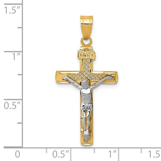 10KT Two-tone D/C Medium Block Lattice Cross w/Crucifix Pendant