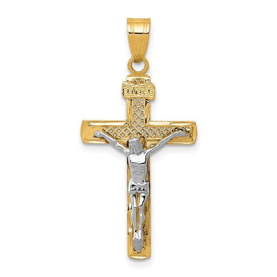 10KT Two-tone D/C Medium Block Lattice Cross w/Crucifix Pendant