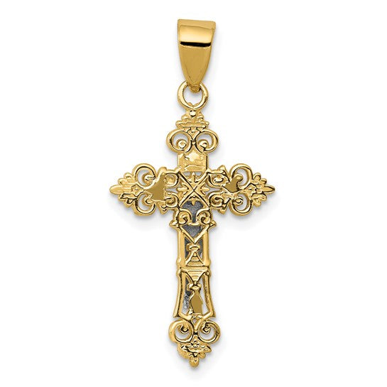 10KT Two-tone Small Lacey-edged INRI Crucifix Pendant