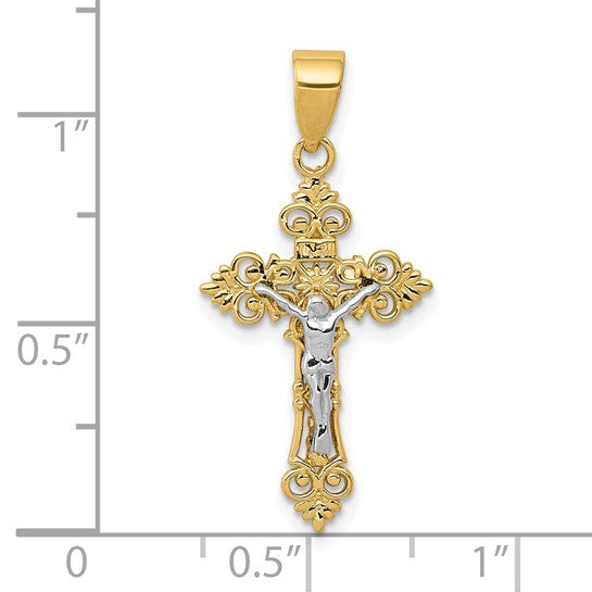 10KT Two-tone Small Lacey-edged INRI Crucifix Pendant
