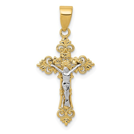 10KT Two-tone Small Lacey-edged INRI Crucifix Pendant