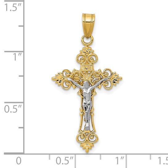 10KT Two-tone Medium Lacey-edged INRI Crucifix Pendant
