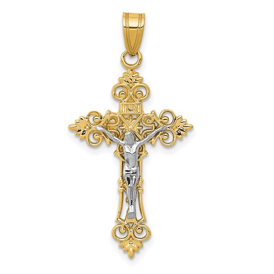 10KT Two-tone Medium Lacey-edged INRI Crucifix Pendant