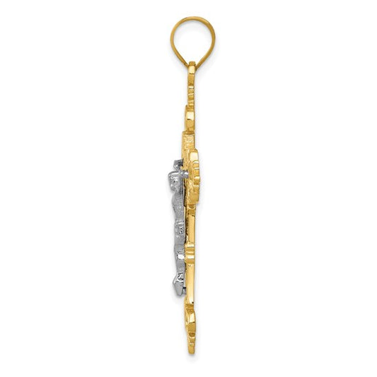 10KT Two-tone Large Lacey-edged INRI Crucifix Pendant