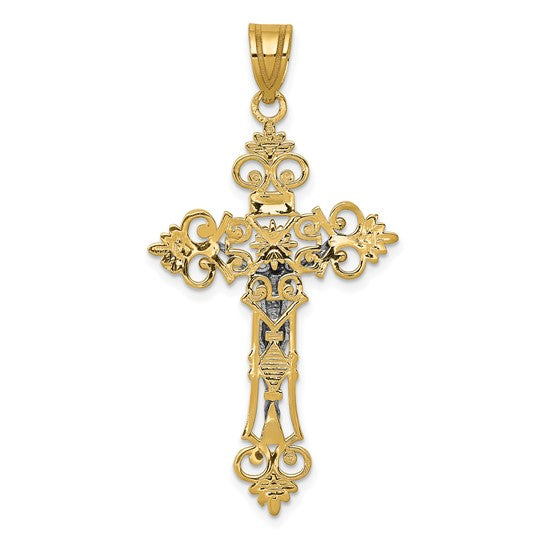 10KT Two-tone Large Lacey-edged INRI Crucifix Pendant