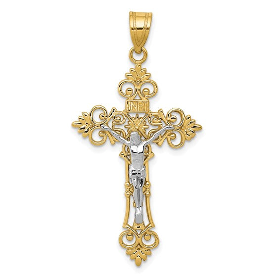 10KT Two-tone Large Lacey-edged INRI Crucifix Pendant