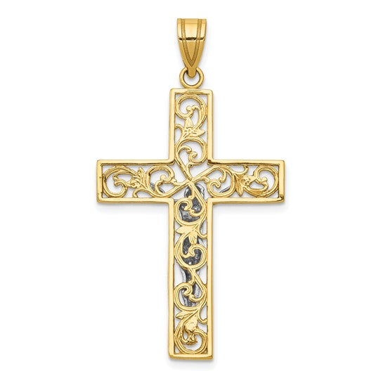 10KT Yellow Gold Two-tone D/C Large Block Filigree Cross w/Crucifix Pendant