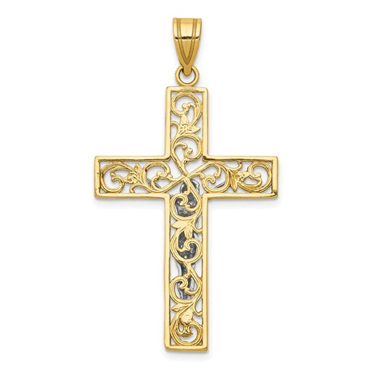 10KT Yellow Gold Two-tone D/C Large Block Filigree Cross w/Crucifix Pendant