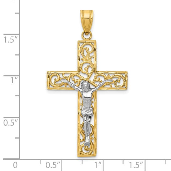 10KT Yellow Gold Two-tone D/C Large Block Filigree Cross w/Crucifix Pendant