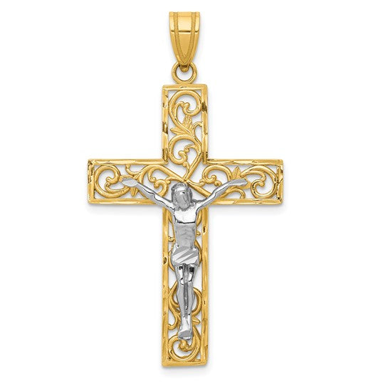 10KT Yellow Gold Two-tone D/C Large Block Filigree Cross w/Crucifix Pendant