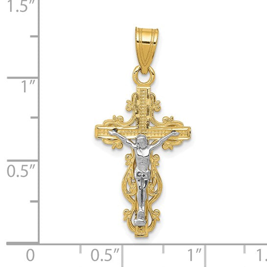 10KT Two-tone Small Narrow Cross w/Crucifix Pendant