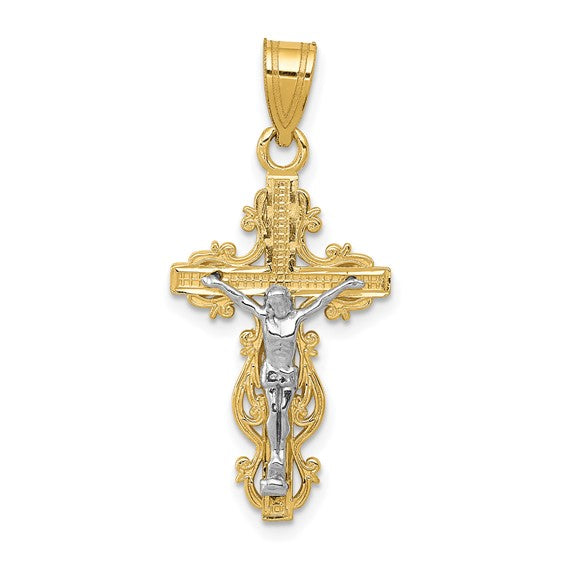 10KT Two-tone Small Narrow Cross w/Crucifix Pendant
