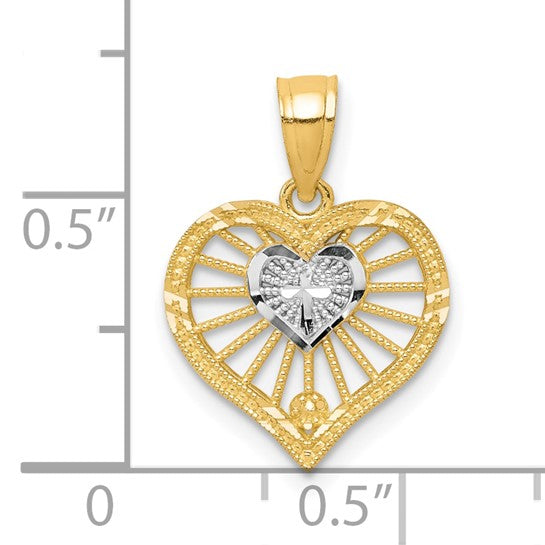 10KT Yellow Gold W/Rhodium Heart W/Cross Charm