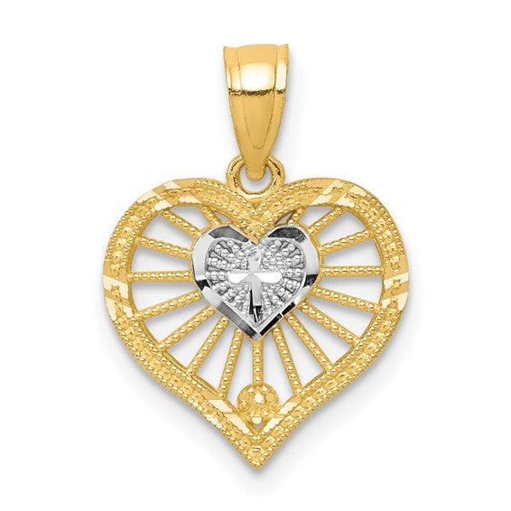 10KT Yellow Gold W/Rhodium Heart W/Cross Charm