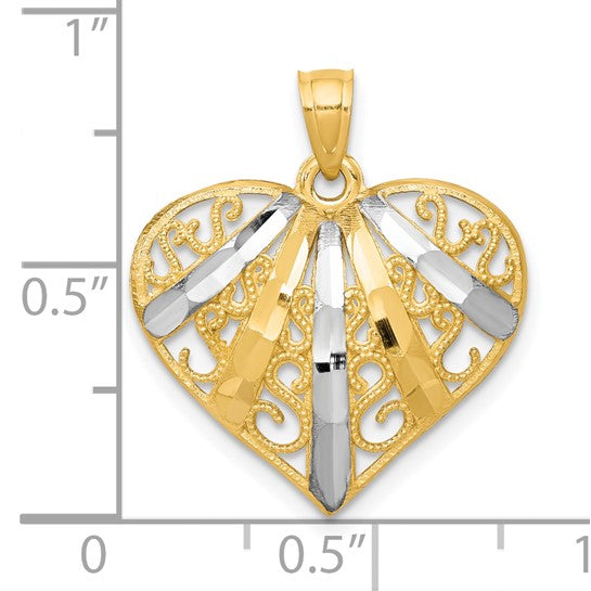 10KT Yellow Gold w/Rhodium Diamond-Cut Filigree Heart Pendant