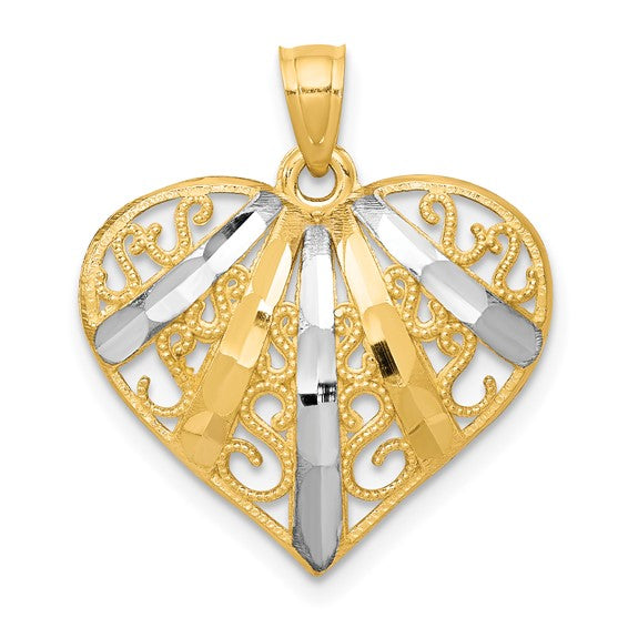 10KT Yellow Gold w/Rhodium Diamond-Cut Filigree Heart Pendant