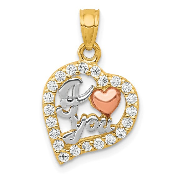 10KT Two-Tone w/White Rhodium I LOVE YOU CZ Heart Pendant
