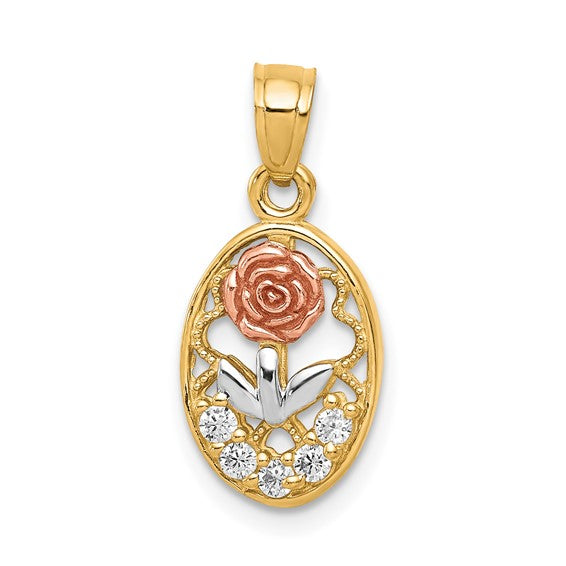 10KT Two-Tone w/White Rhodium CZ Rose Charm