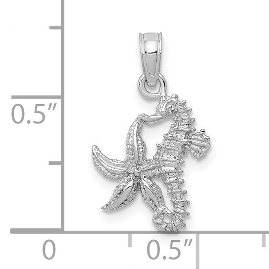 10KT White Gold Solid Seahorse and Starfish Pendant