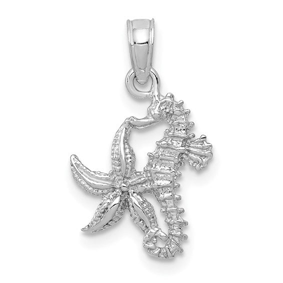 10KT White Gold Solid Seahorse and Starfish Pendant